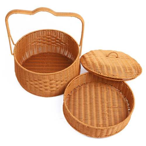 户外野餐双层拜拜篮仿买菜藤购物篮编织大容量盖水果篮带手提箱