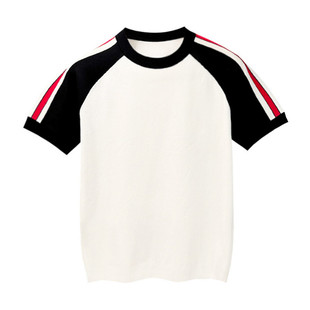 欧洲站潮流拼色条纹修身t恤男 夏季衣服男款休闲运动风针织短袖男