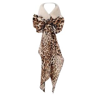 秋冬韩版东大门仿水貂毛绒毛领豹纹雪纺丝巾飘带拼接保暖百搭围脖