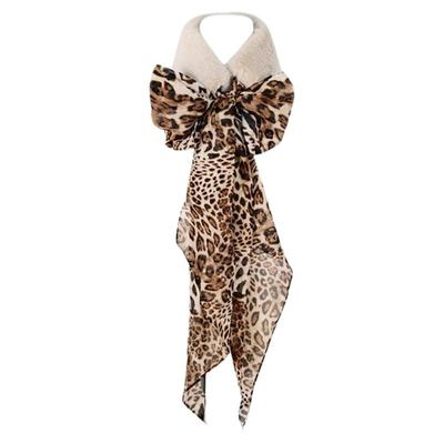 秋冬韩版东大门仿水貂毛绒毛领豹纹雪纺丝巾飘带拼接保暖百搭围脖