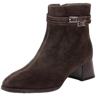 百丽双子星绒面羊皮显瘦超软时装靴子女鞋冬新款高跟短靴E5X1DDD5