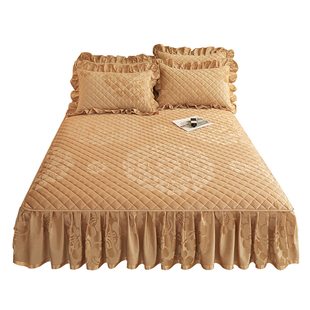 牛奶绒夹棉床笠式床裙单件新款水晶绒花边冬加绒厚床垫保护套床罩