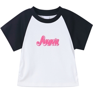 安奈儿女童纯棉短袖T恤衫修身2025夏季柔软圆领针织衫插肩半袖