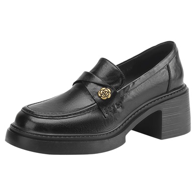 高跟乐福鞋女粗跟山茶花小皮鞋黑