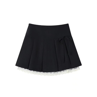 黑色百褶短裙女2025夏季学院风蝴蝶结jk半身裙小个子蕾丝边a字裙