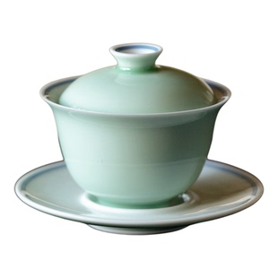 束刻豆青釉双线福临三才盖碗三件套高档家用泡茶碗喝茶敬茶碗单个