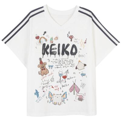 KEIKO泽西风涂鸦印花白色短袖