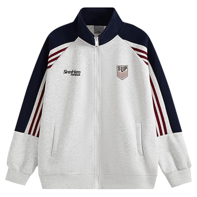 三条杠美式立领卫衣外套男女加绒