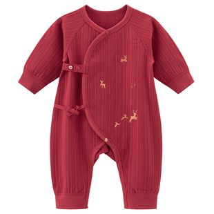 【绵羊毛】宝宝和尚服春秋季睡衣新生婴儿连体哈衣红色新年满月服