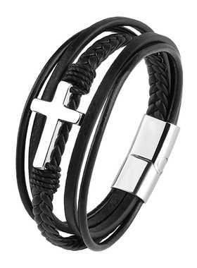 不锈钢编织皮手带男士十字架手链