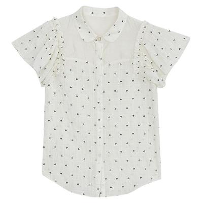 谜底衬衫短袖女夏季新品复古文艺风提花荷叶边衬衣242MC0670