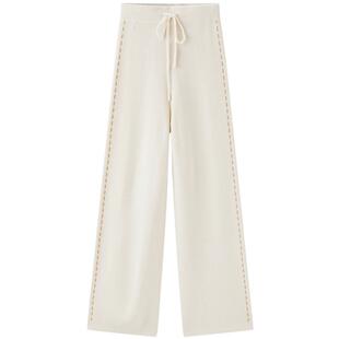 太平鸟女装阔腿直筒毛线针织裤冬季宽松时髦撞色裤奥莱