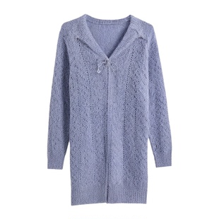 迟伞伞 赫尔辛基 混色蓝灰蝴蝶结连帽系带针织衫百搭短上衣女