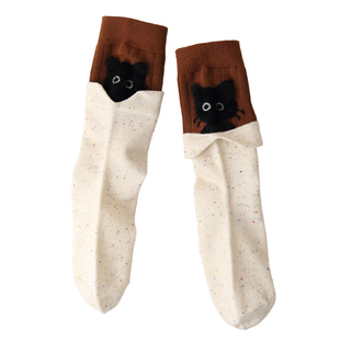 不会丢的袜子 植绒小猫中筒袜女秋冬纯棉设计感卡通可爱创意长袜