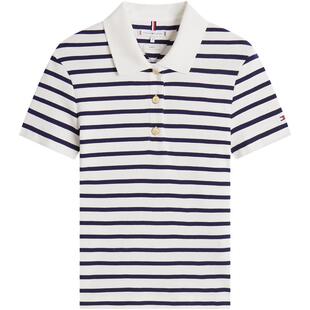 Tommy26春夏女装纯棉都市休闲通勤条纹金扣翻领修身短袖T恤POLO衫