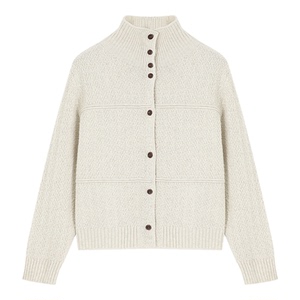 Basic House/百家好高领单排扣绵羊毛开衫毛衣女慵懒风针织外套