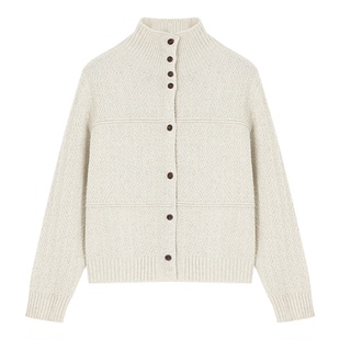 Basic House/百家好高领单排扣绵羊毛开衫毛衣女冬慵懒风针织外套