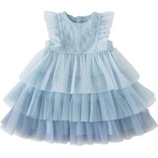 戴维贝拉儿童连衣裙夏装网纱裙女童蓝色公主裙小女孩蛋糕裙子童装