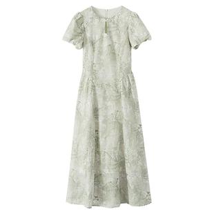 【清仓秒杀】夏气质裙子小众别致设计感小个子绿色泡泡袖连衣裙女