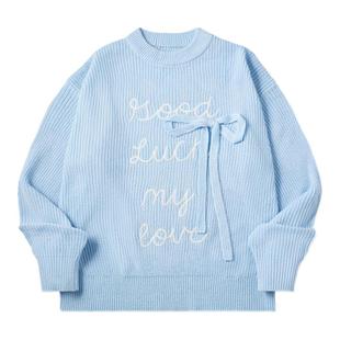 PSO Brand女装仿马海毛蝴蝶结刺绣文字套头圆领毛衣针织衫上衣秋