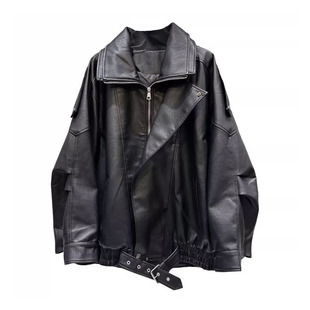 300斤特大码咖色高级感皮衣外套女胖mm美式设计感不对称夹克上衣