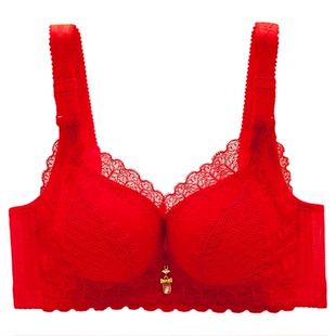 秋冬红肤色内衣女小胸聚拢性感蕾丝无钢圈文胸中厚薄款收副乳上托