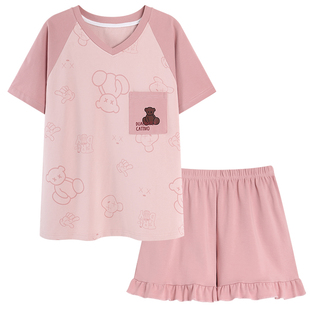 睡衣女夏短袖纯棉2022新款韩版学生可爱家居服女春秋薄款大码套装