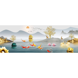 山水风景客厅装饰画单幅大气迎客松流水生财横版壁画自然风光挂画