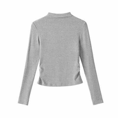 2025秋冬季半高领打底衫长袖t恤女正肩磨毛薄绒褶皱修身卡腰上衣