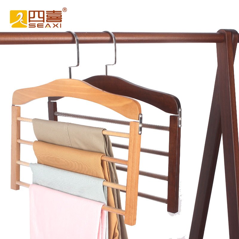 新品 四喜实木多层裤架家用多功能毛巾架木质无痕防滑高档裤挂