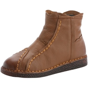 牛筋底真皮保暖鞋手工缝制妈妈棉靴复古民族风牛皮头短靴女牛筋底