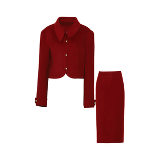 DPLAY年冬季新款红色套装女新年小香风大衣短款呢子毛呢外套