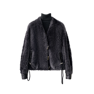 2025新款冬季拉贡皮毛一体外套女宽松型V领短款羊羔毛皮草百搭潮