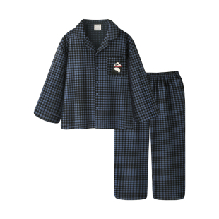 Pinksea睡衣男款春秋纯棉大码格子长袖长裤家居服新款男士套装