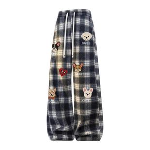 查尔斯桃心冬季加绒加厚裤子男潮牌新款小狗印花直筒垂感休闲长裤