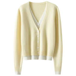 爱不释手！假两件纯山羊绒开衫女V领纯羊绒毛衣针织开衫外套秋冬