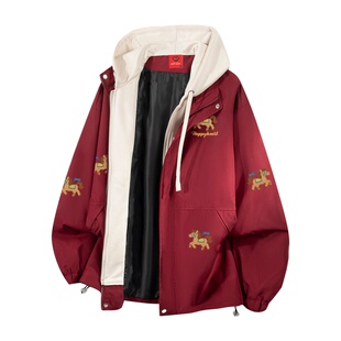 查尔斯桃心迎春马年红色假两件连帽夹克男春秋季小马印花撞色外套