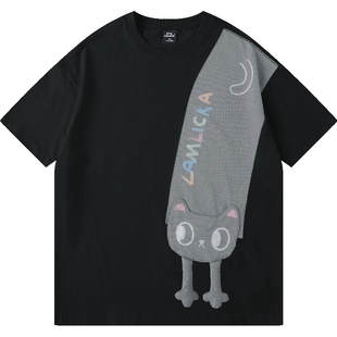 LAMLICKA拼接小猫印花情侣装短袖男夏季美式重磅潮牌撞色宽松t恤