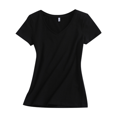 拉夏贝尔纯棉V领正肩女t恤短袖夏