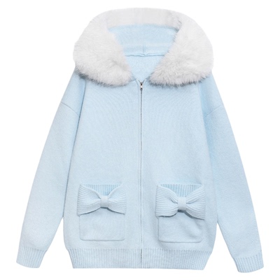 大毛领针织外套加厚宽松毛衣开衫