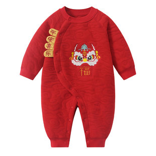 婴儿喜庆年服男宝女宝冬装拜年喜庆衣服红色夹棉保暖连体衣外出服
