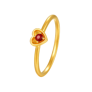 莱绅通灵蜜糖系列 爱心足金999古法黄金红宝石戒指女戒配戒红心戒