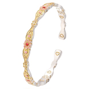 足银999.9新中式古法描金珐琅彩向阳花开口实心手镯悦己礼物