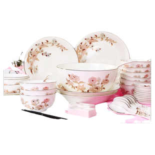 敏杨 陶瓷餐具套装送礼团圆饭碗盘碟套装骨瓷樱之恋60头礼盒装