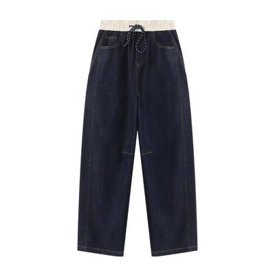 百家好深蓝色高腰牛仔裤女秋冬季