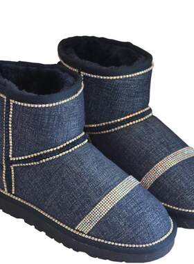 《一池星河》2021冬季新款牛仔蓝真皮水钻短靴平跟圆头短筒雪地靴