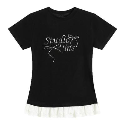 INSstudios蝴蝶结花边黑色短袖