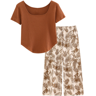 睡衣女夏季纯棉短袖长裤高级感带胸垫家居服春夏天时尚阔腿裤套装