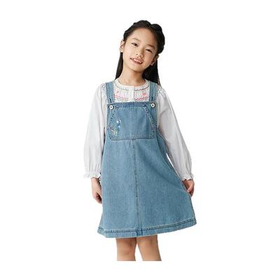 Mitti春季新款女童连衣裙汉麻牛仔立体绣花方口领儿童背带裙