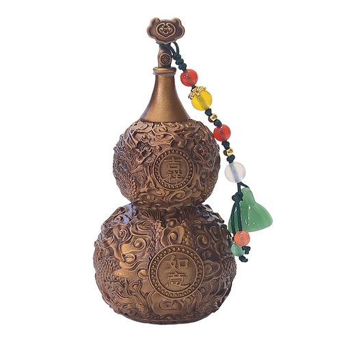 纯铜小葫芦桌面摆件紫铜车载挂件福禄龙纹浮雕手把件家居客厅装饰